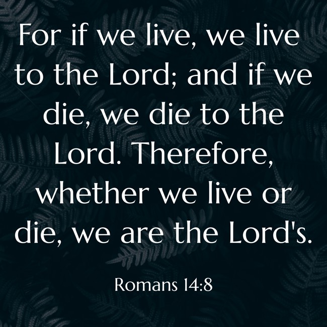  For if we live, we live to the Lord; and if we die, we die to the Lord. Therefore, whether we live or die, we are the Lord's.   - Romans 14:8 