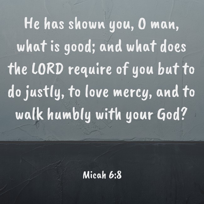 He has shown you, O man, what is good; and what does the LORD require of you but to do justly, to love mercy, and to walk humbly with your God? - Micah 6:8
