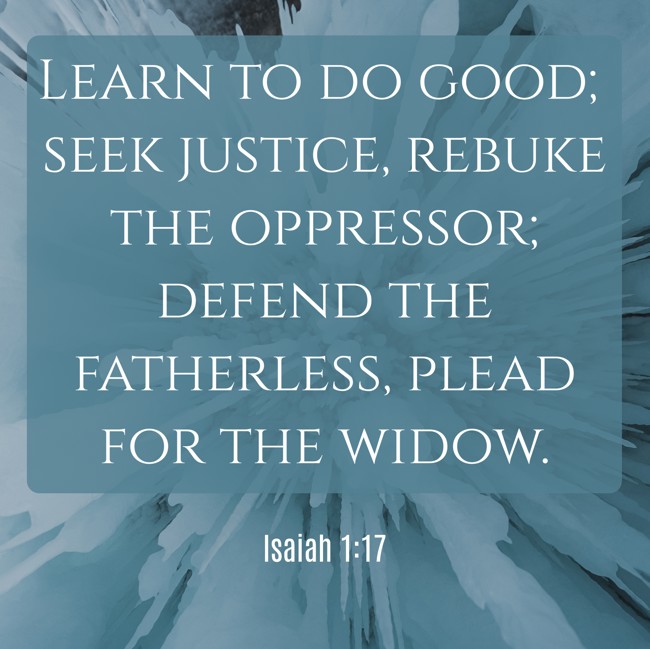 Learn to do good; seek justice, rebuke the oppressor; defend the fatherless, plead for the widow. - Isaiah 1:17