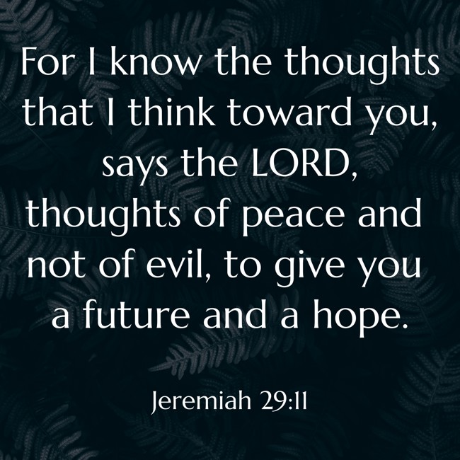 For I know the thoughts that I think toward you, says the LORD, thoughts of peace and not of evil, to give you a future and a hope. - Jeremiah 29:11