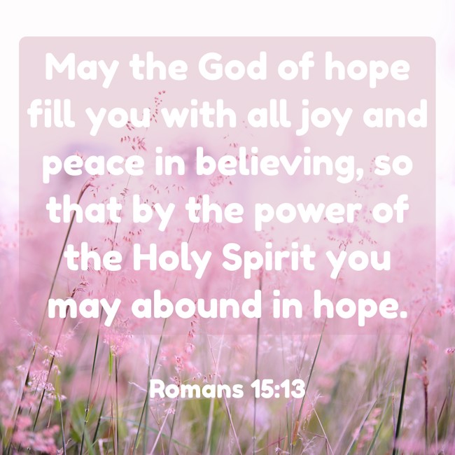 May the God of hope fill you with all joy and peace in believing, so that by the power of the Holy Spirit you may abound in hope. - Romans 15:13