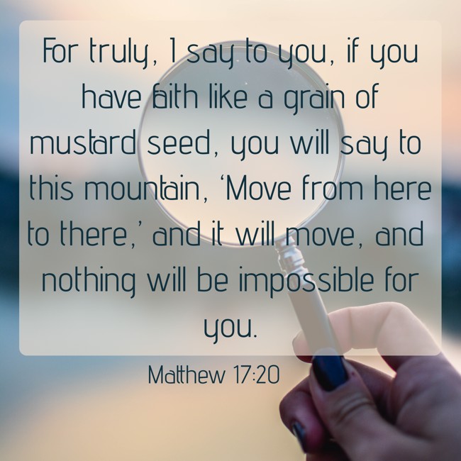 For truly, I say to you, if you have faith like a grain of mustard seed, you will say to this mountain, ‘Move from here to there,’ and it will move, and nothing will be impossible for you. - Matthew 17:20