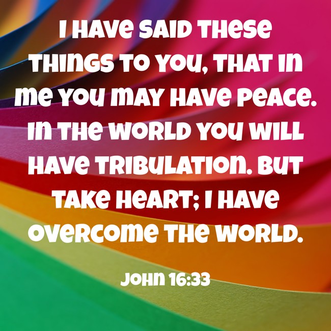 I have said these things to you, that in me you may have peace. In the world you will have tribulation. But take heart; I have overcome the world. - John 16:33