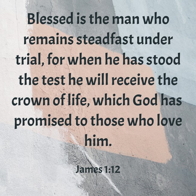 Blessed is the man who remains steadfast under trial, for when he has stood the test he will receive the crown of life, which God has promised to those who love him. - James 1:12