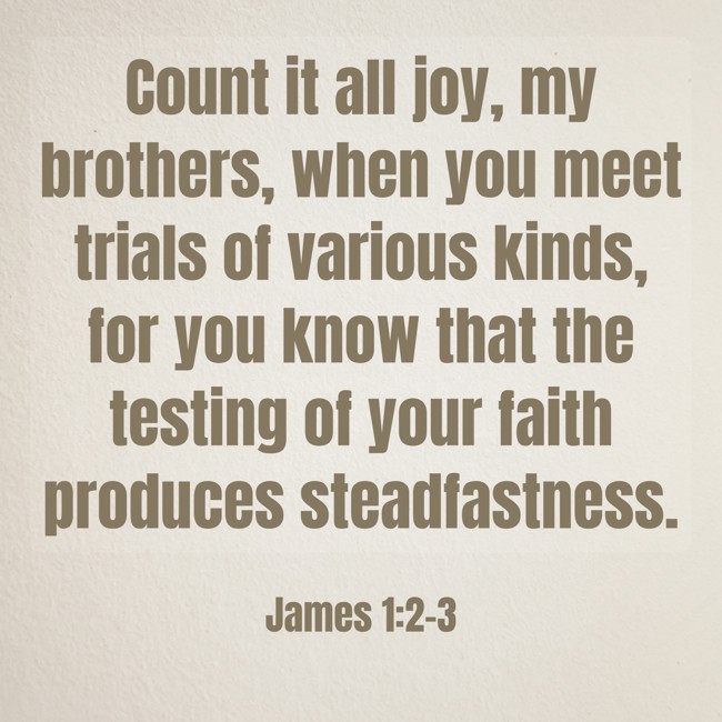 Count it all joy, my brothers, when you meet trials of various kinds, for you know that the testing of your faith produces steadfastness. - James 1:2-3