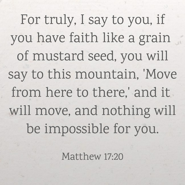 For truly, I say to you, if you have faith like a grain of mustard seed, you will say to this mountain, 'Move from here to there,' and it will move, and nothing will be impossible for you. - Matthew 17:20