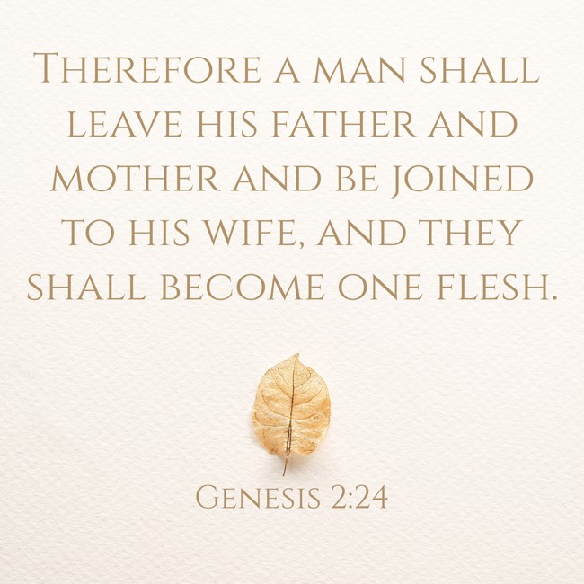Therefore a man shall leave his father and mother and be joined to his wife, and they shall become one flesh. - Genesis 2:24