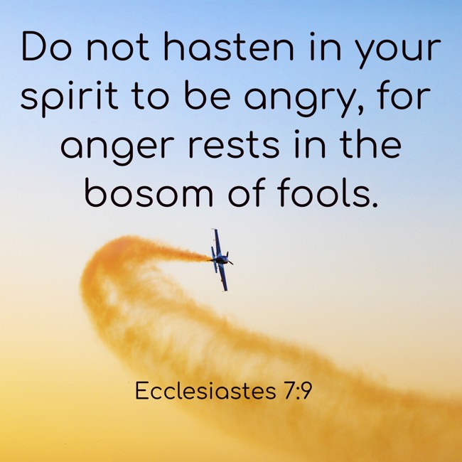 Do not hasten in your spirit to be angry, for anger rests in the bosom of fools. - Ecclesiastes 7:9