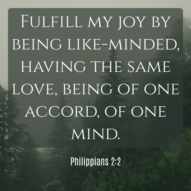 Fulfill my joy by being like-minded, having the same love, being of one accord, of one mind. - Philippians 2:2