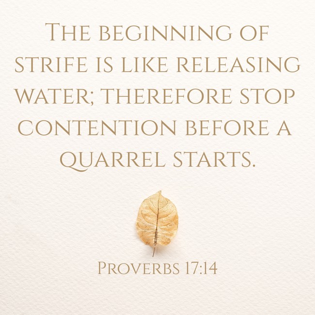 The beginning of strife is like releasing water; therefore stop contention before a quarrel starts. - Proverbs 17:14