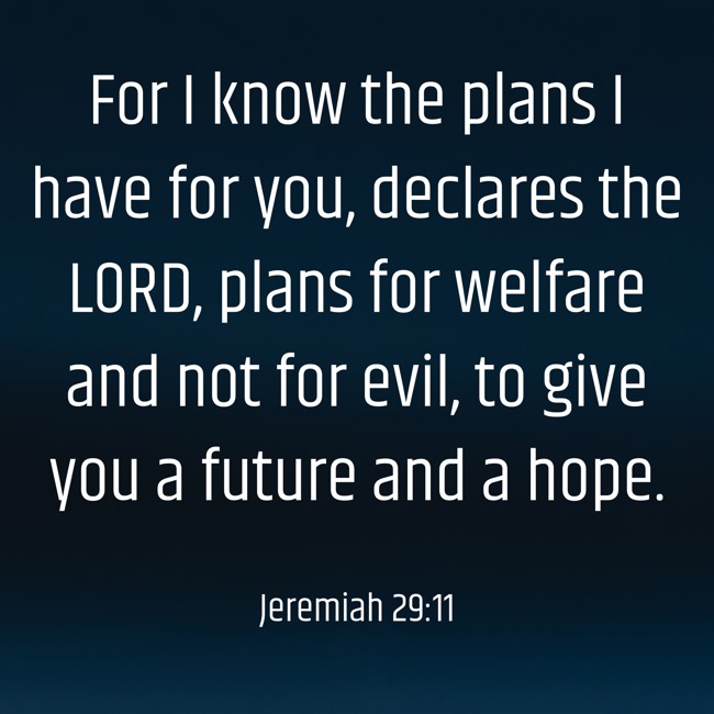 For I know the plans I have for you, declares the LORD, plans for welfare and not for evil, to give you a future and a hope. - Jeremiah 29:11