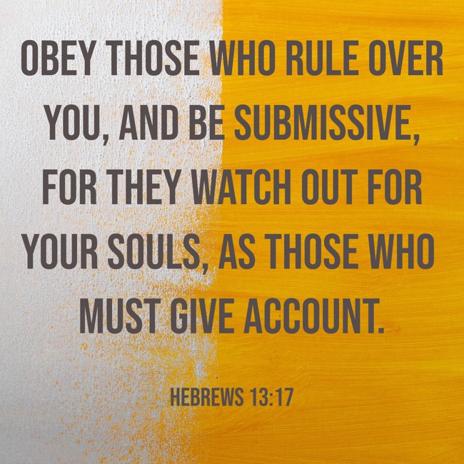 Obey those who rule over you, and be submissive, for they watch out for your souls, as those who must give account. - Hebrews 13:17
