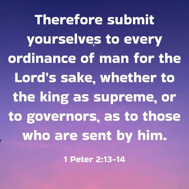 Therefore submit yourselves to every ordinance of man for the Lord's sake, whether to the king as supreme, or to governors, as to those who are sent by him. - 1 Peter 2:13-14