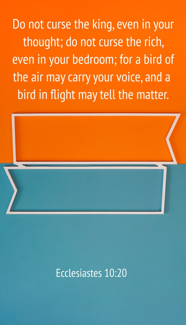 Do not curse the king, even in your thought; do not curse the rich, even in your bedroom; for a bird of the air may carry your voice, and a bird in flight may tell the matter. - Ecclesiastes 10:20
