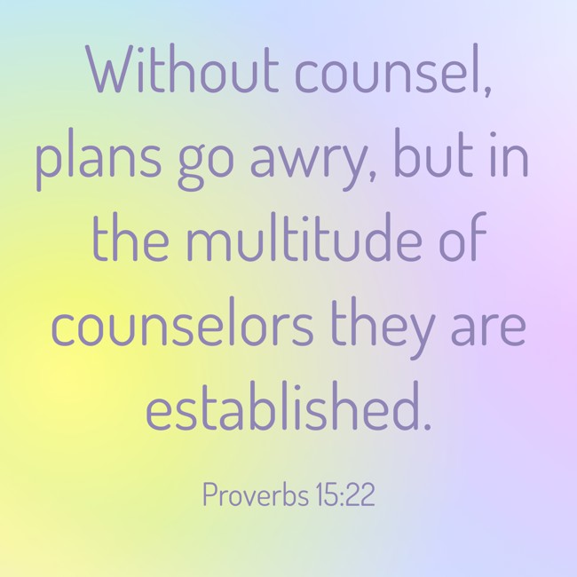 Without counsel, plans go awry, but in the multitude of counselors they are established. - Proverbs 15:22