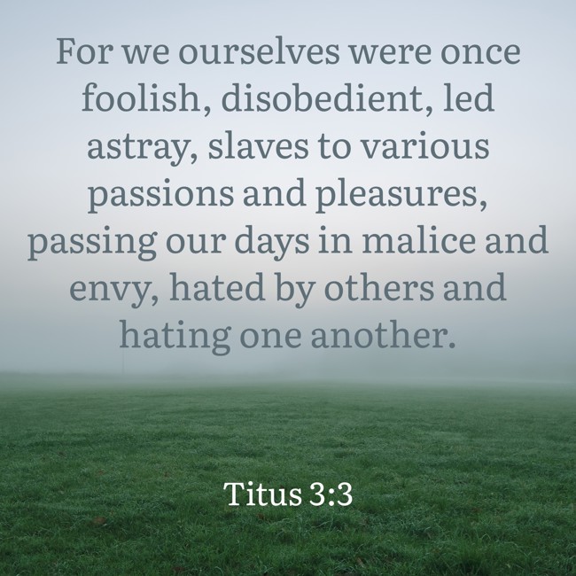 For we ourselves were once foolish, disobedient, led astray, slaves to various passions and pleasures, passing our days in malice and envy, hated by others and hating one another. - Titus 3:3