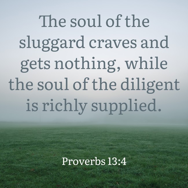 The soul of the sluggard craves and gets nothing, while the soul of the diligent is richly supplied. - Proverbs 13:4
