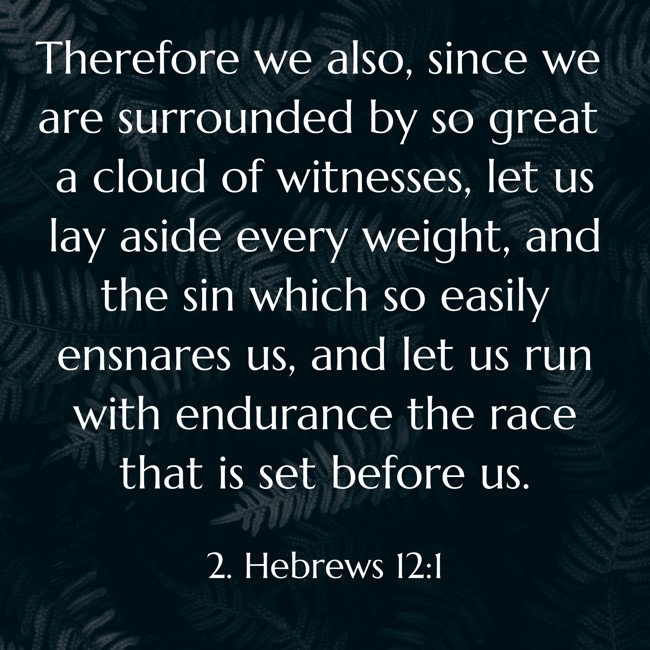 Therefore we also, since we are surrounded by so great a cloud of witnesses, let us lay aside every weight, and the sin which so easily ensnares us, and let us run with endurance the race that is set before us. - 2. Hebrews 12:1