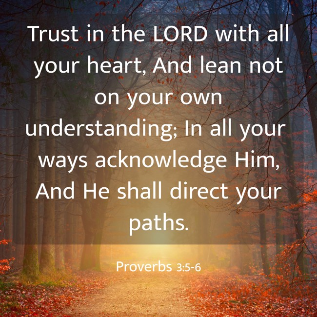 Trust in the LORD with all your heart, And lean not on your own understanding; In all your ways acknowledge Him, And He shall direct your paths. - Proverbs 3:5-6