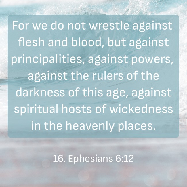 For we do not wrestle against flesh and blood, but against principalities, against powers, against the rulers of the darkness of this age, against spiritual hosts of wickedness in the heavenly places. - 16. Ephesians 6:12