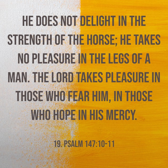 He does not delight in the strength of the horse; He takes no pleasure in the legs of a man. The LORD takes pleasure in those who fear Him, in those who hope in His mercy. - 19. Psalm 147:10-11