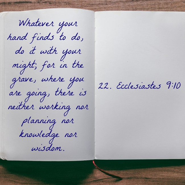 Whatever your hand finds to do, do it with your might; for in the grave, where you are going, there is neither working nor planning nor knowledge nor wisdom. - 22. Ecclesiastes 9:10