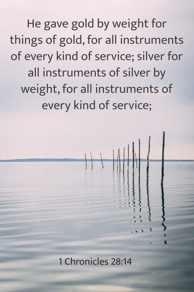 He gave gold by weight for things of gold, for all instruments of every kind of service; silver for all instruments of silver by weight, for all instruments of every kind of service; - 1 Chronicles 28:14