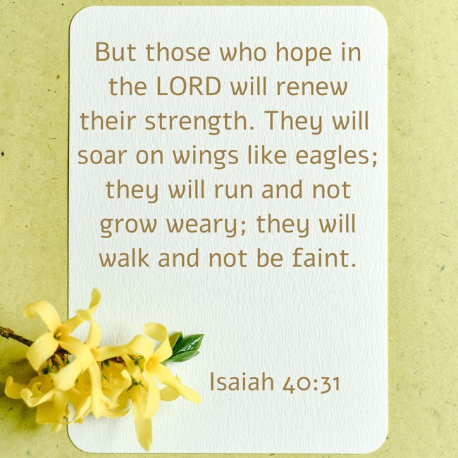 But those who hope in the LORD will renew their strength. They will soar on wings like eagles; they will run and not grow weary; they will walk and not be faint. - Isaiah 40:31