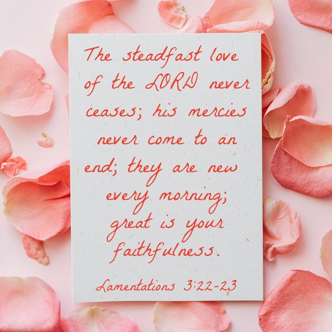 The steadfast love of the LORD never ceases; his mercies never come to an end; they are new every morning; great is your faithfulness. - Lamentations 3:22-23