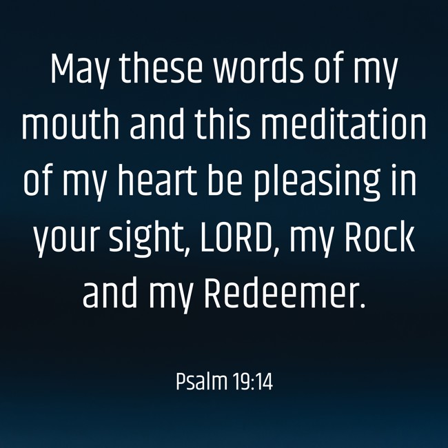 May these words of my mouth and this meditation of my heart be pleasing in your sight, LORD, my Rock and my Redeemer. - Psalm 19:14