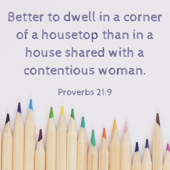 Better to dwell in a corner of a housetop than in a house shared with a contentious woman. - Proverbs 21:9