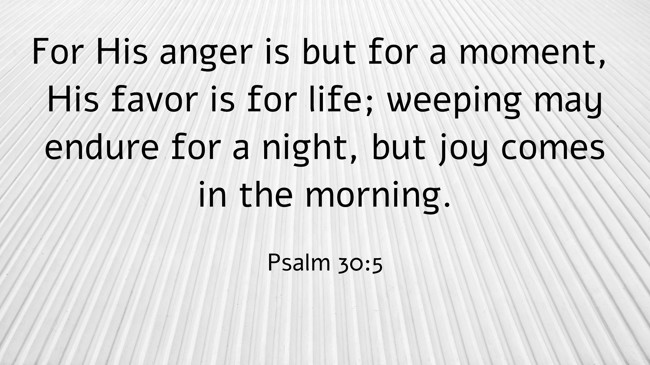  For His anger is but for a moment, His favor is for life; weeping may endure for a night, but joy comes in the morning.   - Psalm 30:5 