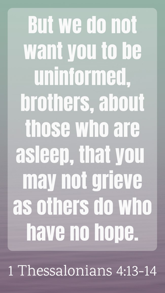  But we do not want you to be uninformed, brothers, about those who are asleep, that you may not grieve as others do who have no hope.   - 1 Thessalonians 4:13-14 