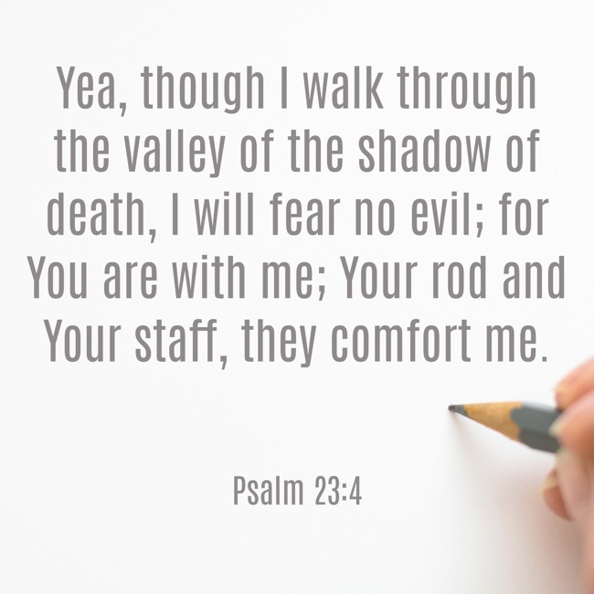  Yea, though I walk through the valley of the shadow of death, I will fear no evil; for You are with me; Your rod and Your staff, they comfort me.   - Psalm 23:4 