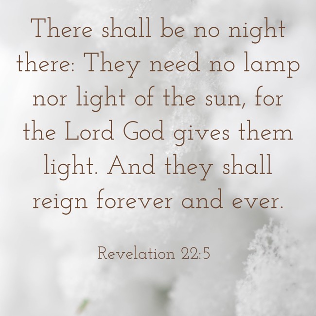 There shall be no night there: They need no lamp nor light of the sun, for the Lord God gives them light. And they shall reign forever and ever. - Revelation 22:5