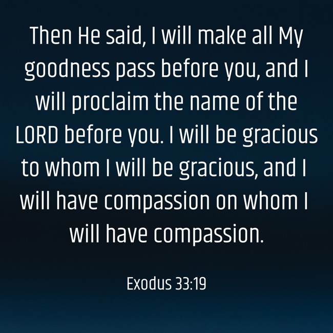 Then He said, I will make all My goodness pass before you, and I will proclaim the name of the LORD before you. I will be gracious to whom I will be gracious, and I will have compassion on whom I will have compassion. - Exodus 33:19