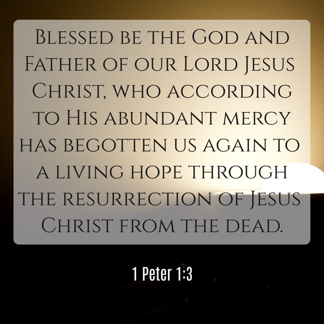 Blessed be the God and Father of our Lord Jesus Christ, who according to His abundant mercy has begotten us again to a living hope through the resurrection of Jesus Christ from the dead. - 1 Peter 1:3