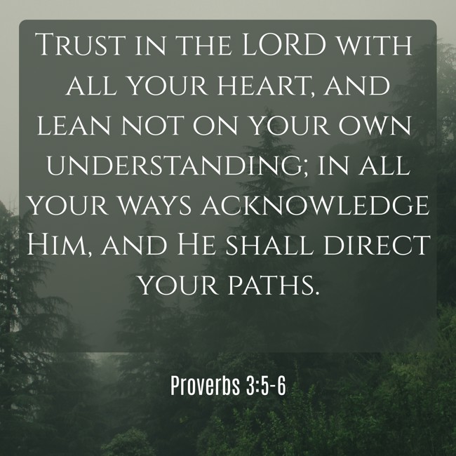Trust in the LORD with all your heart, and lean not on your own understanding; in all your ways acknowledge Him, and He shall direct your paths. - Proverbs 3:5-6