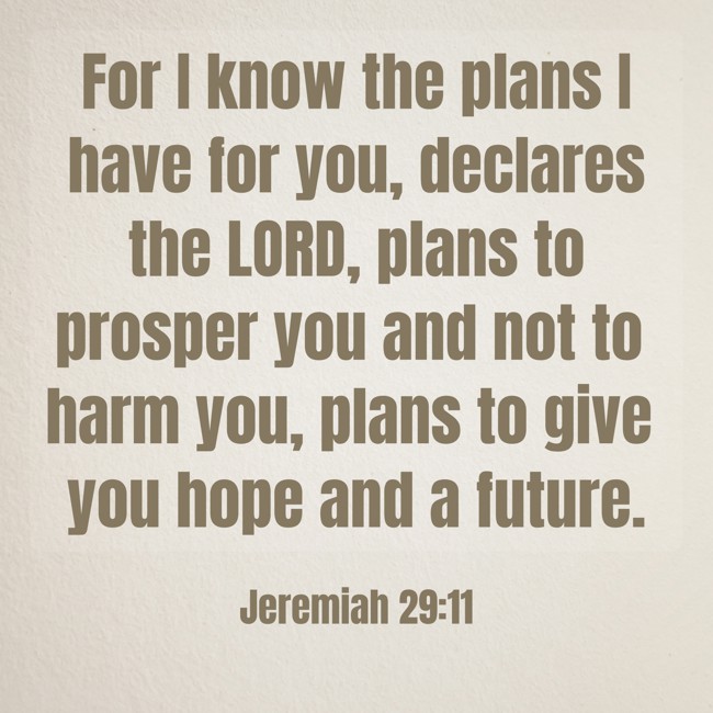  For I know the plans I have for you, declares the LORD, plans to prosper you and not to harm you, plans to give you hope and a future.   - Jeremiah 29:11 