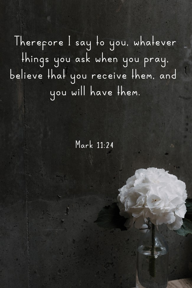  Therefore I say to you, whatever things you ask when you pray, believe that you receive them, and you will have them.   - Mark 11:24 