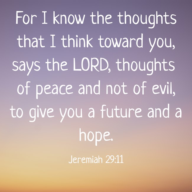  For I know the thoughts that I think toward you, says the LORD, thoughts of peace and not of evil, to give you a future and a hope.   - Jeremiah 29:11 