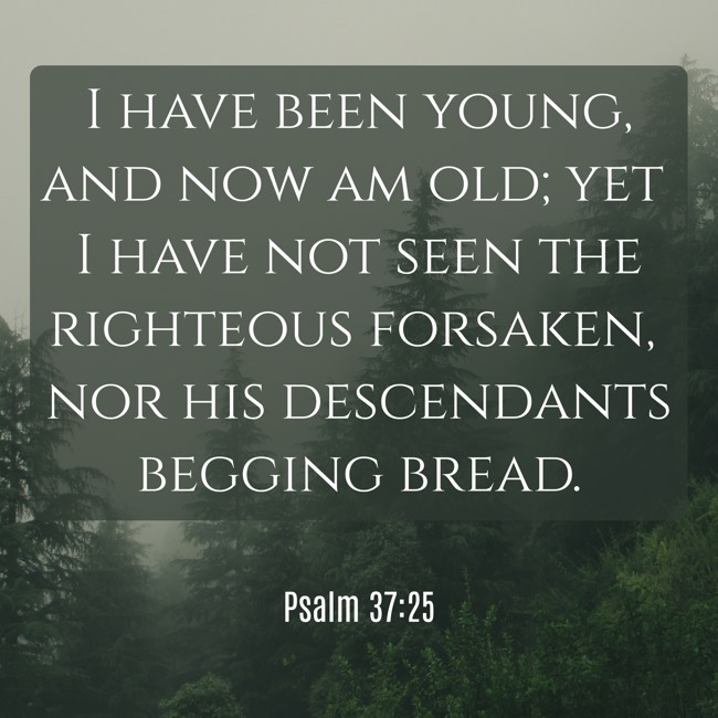  I have been young, and now am old; yet I have not seen the righteous forsaken, nor his descendants begging bread.   - Psalm 37:25 