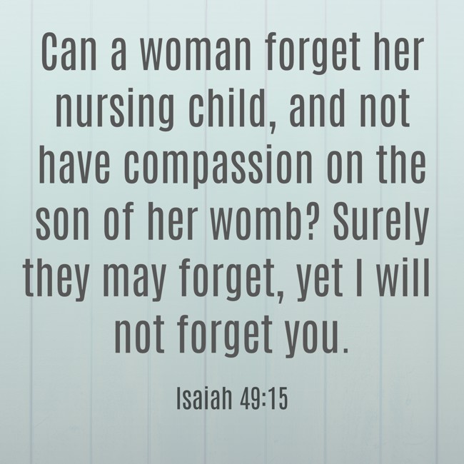  Can a woman forget her nursing child, and not have compassion on the son of her womb? Surely they may forget, yet I will not forget you.   - Isaiah 49:15 