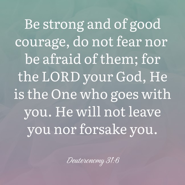  Be strong and of good courage, do not fear nor be afraid of them; for the LORD your God, He is the One who goes with you. He will not leave you nor forsake you.   - Deuteronomy 31:6 