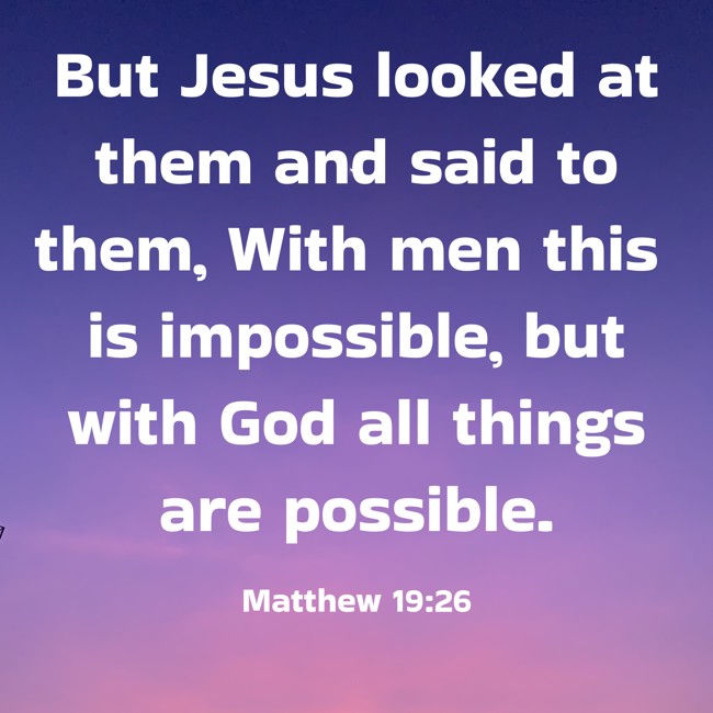  But Jesus looked at them and said to them, With men this is impossible, but with God all things are possible.   - Matthew 19:26 