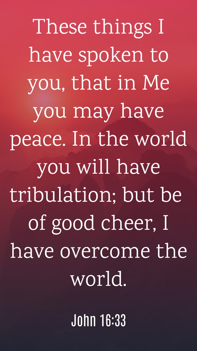  These things I have spoken to you, that in Me you may have peace. In the world you will have tribulation; but be of good cheer, I have overcome the world.   - John 16:33 