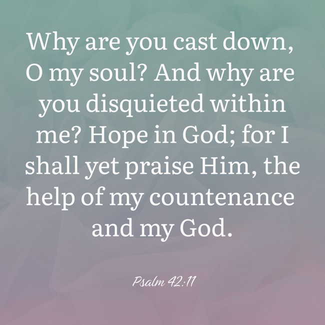 Why are you cast down, O my soul? And why are you disquieted within me? Hope in God; for I shall yet praise Him, the help of my countenance and my God. - Psalm 42:11