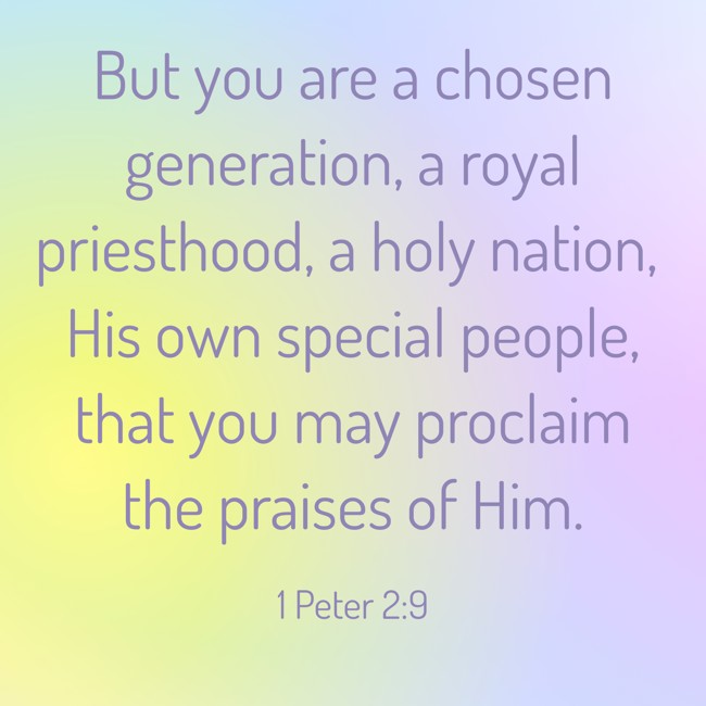 But you are a chosen generation, a royal priesthood, a holy nation, His own special people, that you may proclaim the praises of Him. - 1 Peter 2:9