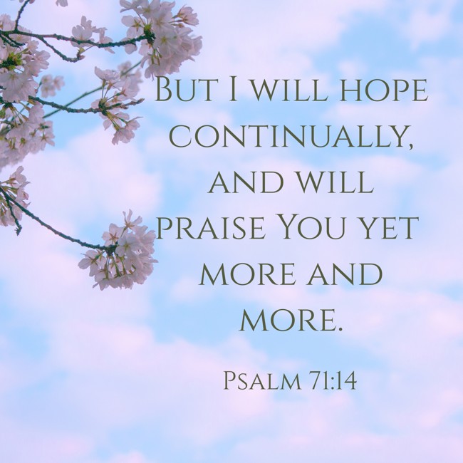 But I will hope continually, and will praise You yet more and more. - Psalm 71:14