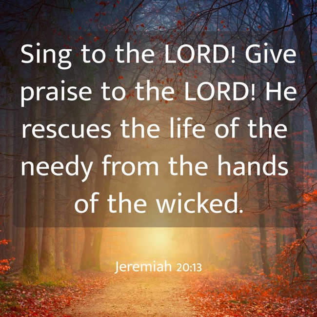 Sing to the LORD! Give praise to the LORD! He rescues the life of the needy from the hands of the wicked. - Jeremiah 20:13